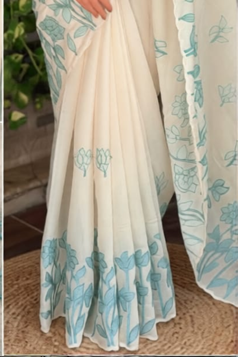 Sky Mist | Ivory Mul Chiffon Saree with Powder Blue Applique Work, Cutwork and Unstitched Blouse