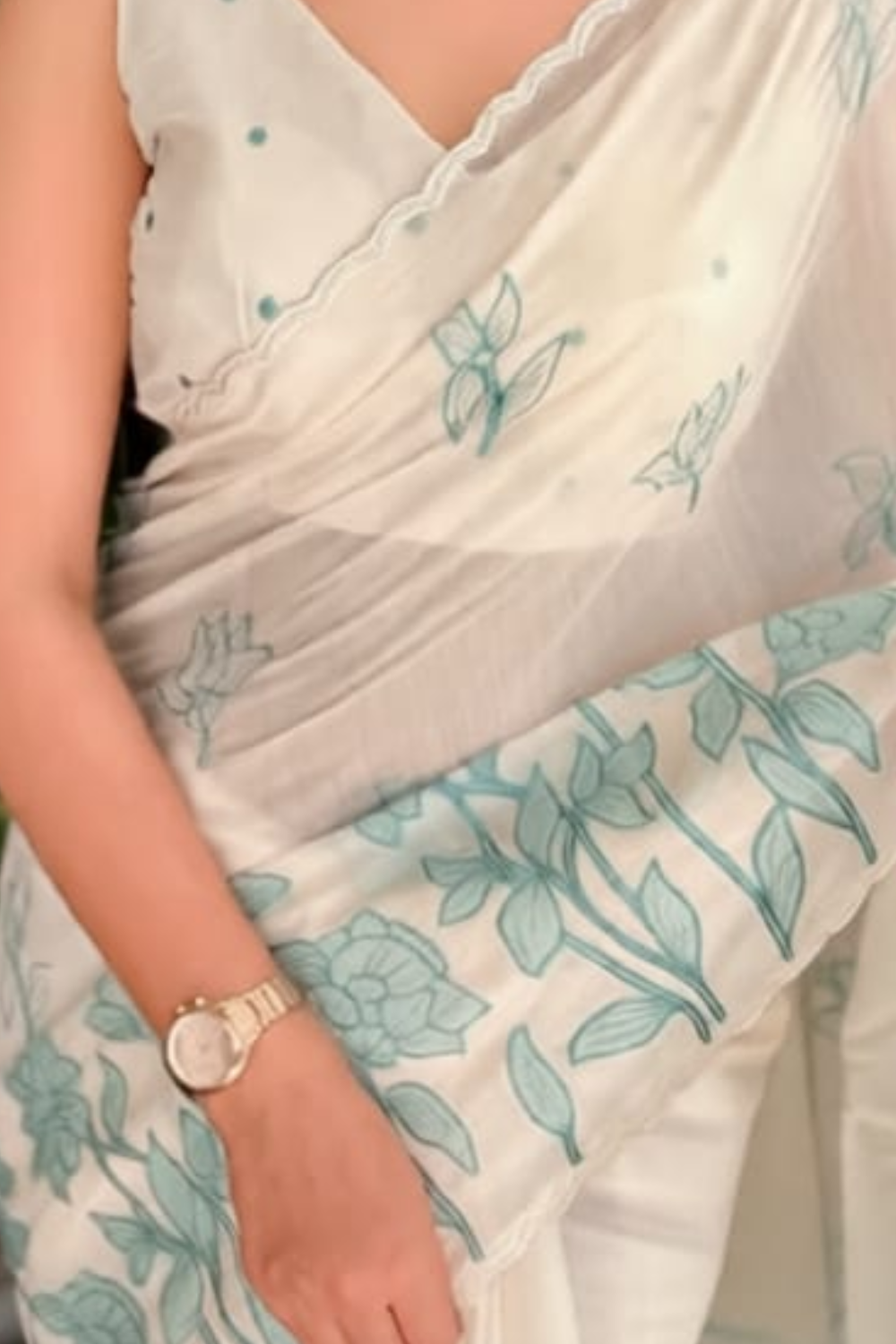 Sky Mist | Ivory Mul Chiffon Saree with Powder Blue Applique Work, Cutwork and Unstitched Blouse