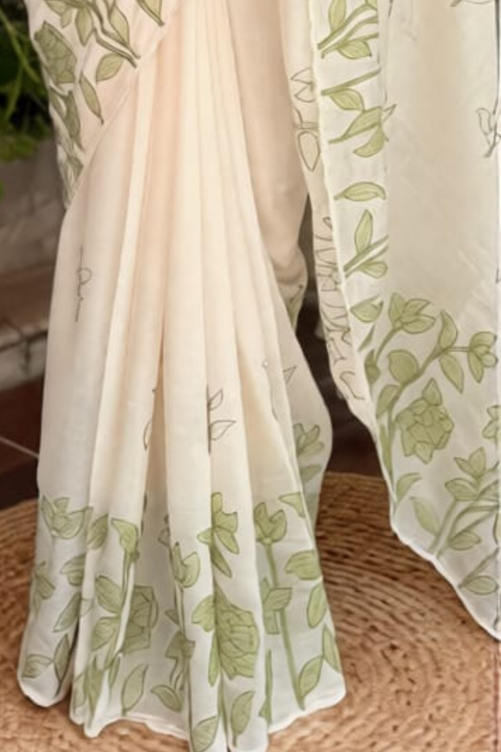 Sage Mist|  Ivory Mul Chiffon Saree with Sage Green Applique Work, Cutwork and Unstitched Blouse