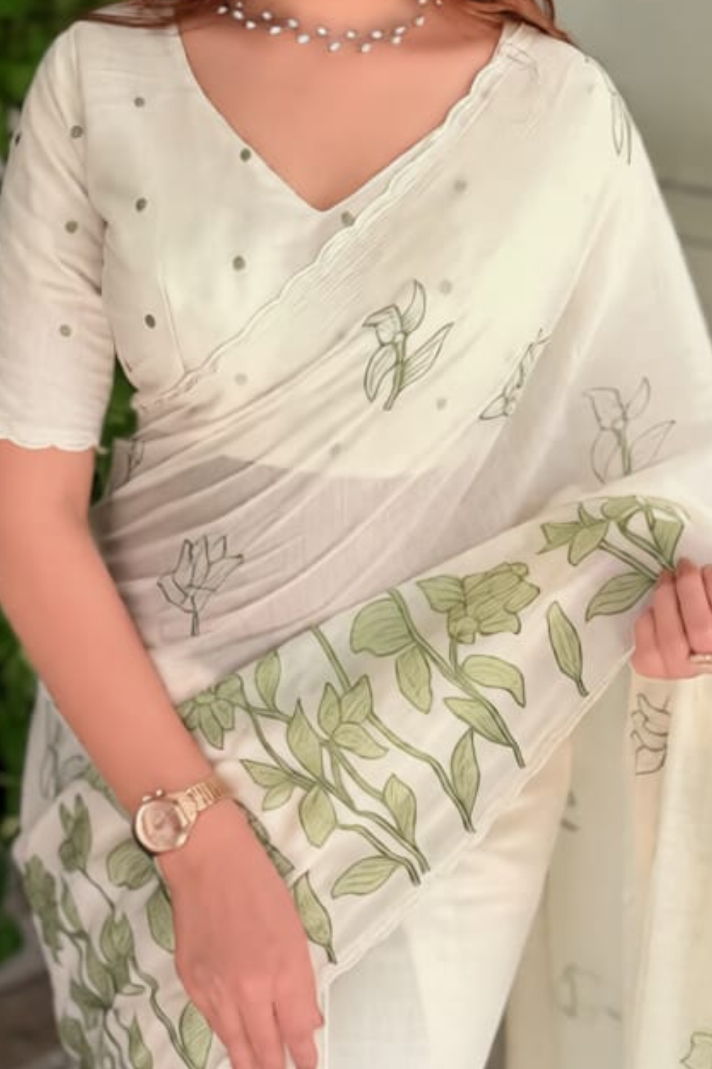 Sage Mist|  Ivory Mul Chiffon Saree with Sage Green Applique Work, Cutwork and Unstitched Blouse
