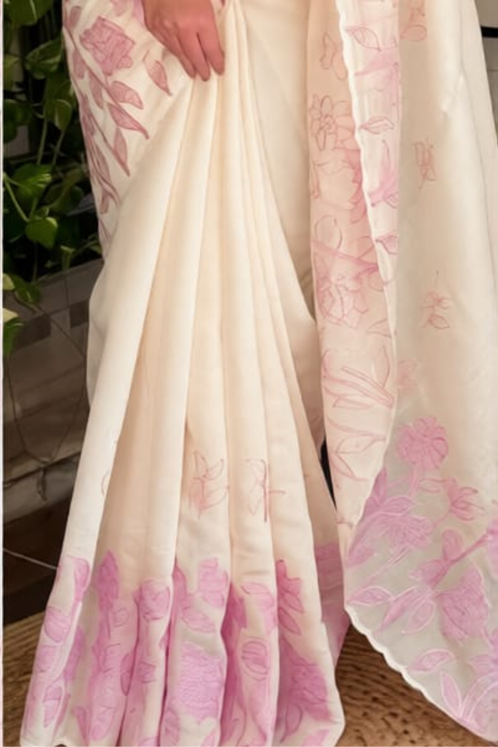 Petal Mist | Ivory Mul Chiffon Saree with Pink Applique Work, Cutwork and Unstitched Blouse