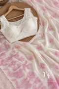 Petal Mist | Ivory Mul Chiffon Saree with Pink Applique Work, Cutwork and Unstitched Blouse