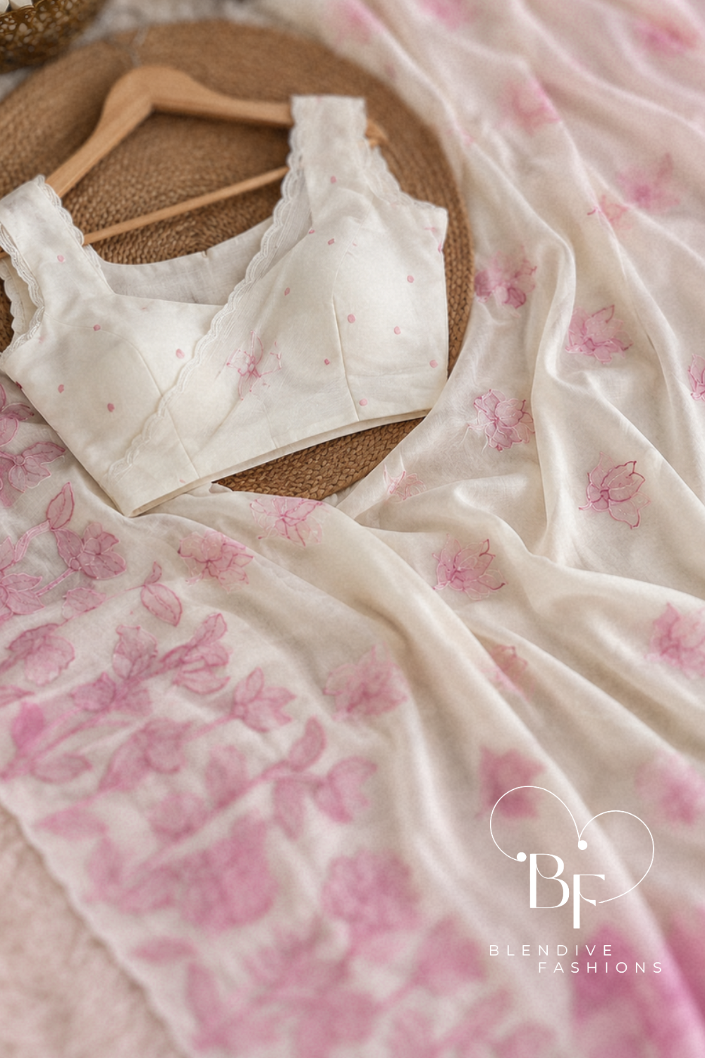 Petal Mist | Ivory Mul Chiffon Saree with Pink Applique Work, Cutwork and Unstitched Blouse
