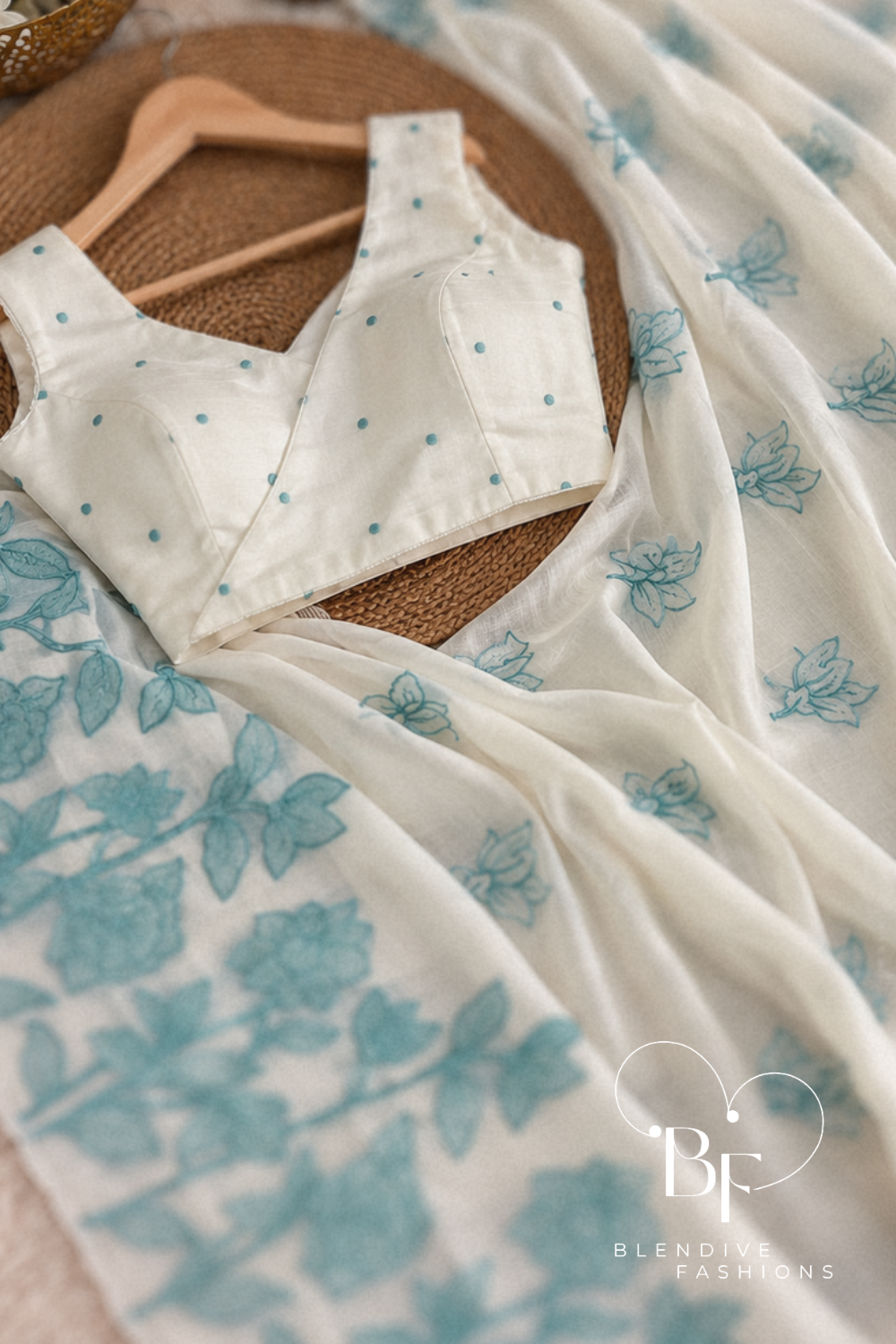 Sky Mist ivory mul chiffon saree with blue applique floral work and embroidered blouse with blue dots