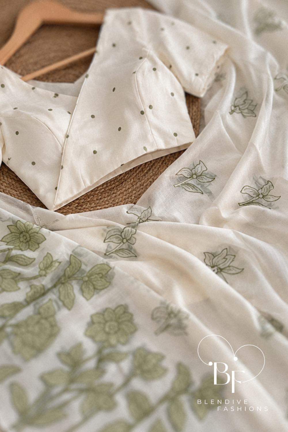 Sage Mist|  Ivory Mul Chiffon Saree with Sage Green Applique Work, Cutwork and Unstitched Blouse