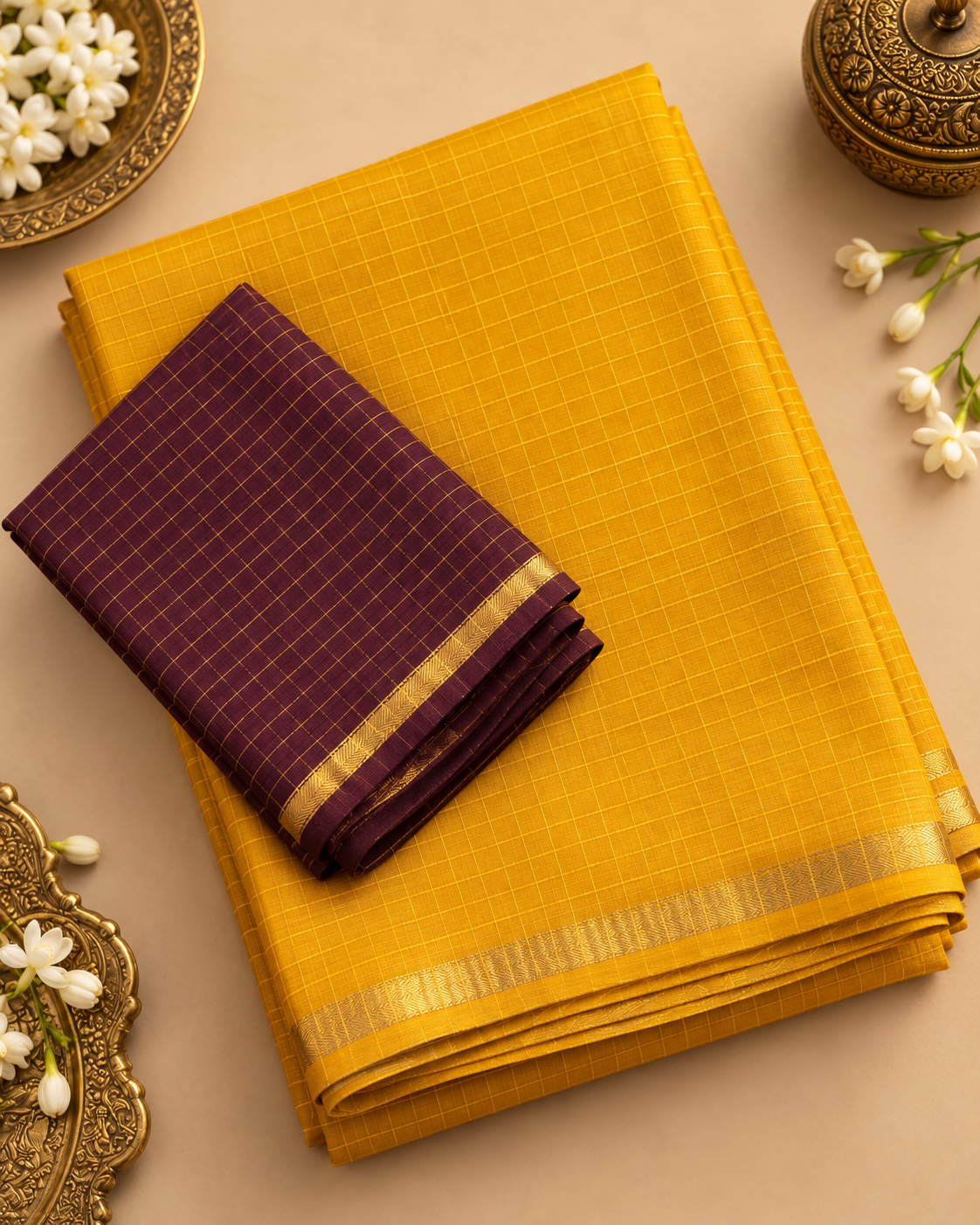 Premium Mustard Yellow and Maroon Contrast Pendax Sungudi Pure Cotton Saree