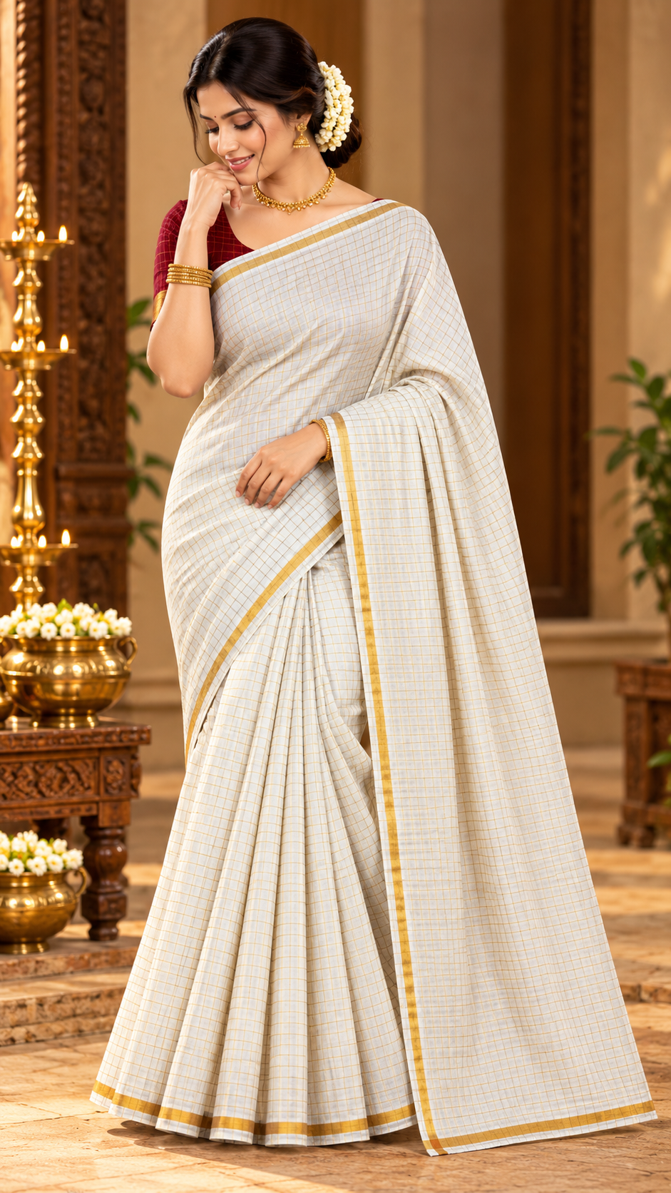 Premium White and Red Contrast Sungudi Pure Cotton Saree
