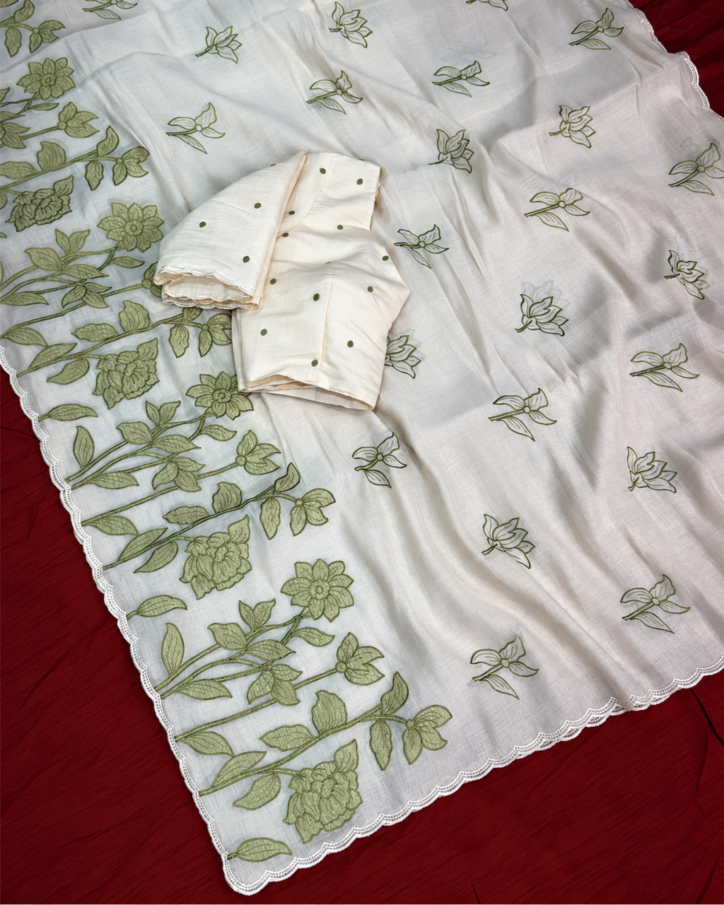 Sage Mist|  Ivory Mul Chiffon Saree with Sage Green Applique Work, Cutwork and Unstitched Blouse