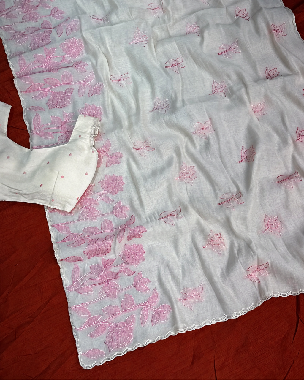 Petal Mist | Ivory Mul Chiffon Saree with Pink Applique Work, Cutwork and Unstitched Blouse