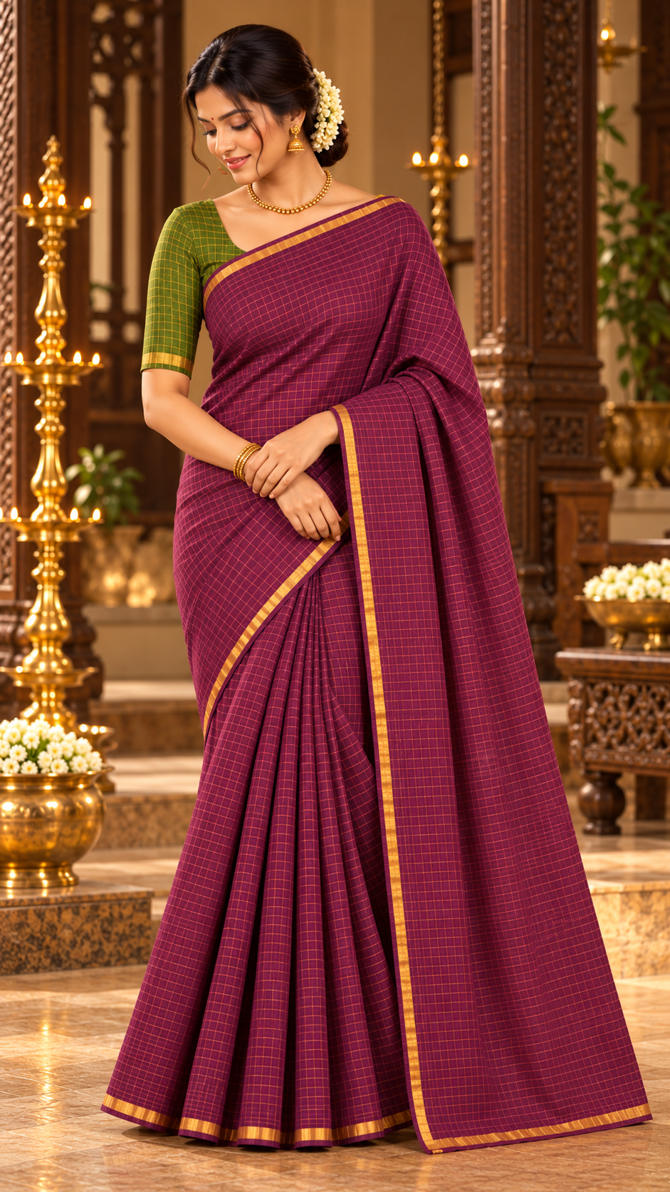Premium Magenta and Olive Green Contrast Pendax Sungudi Pure Cotton Saree