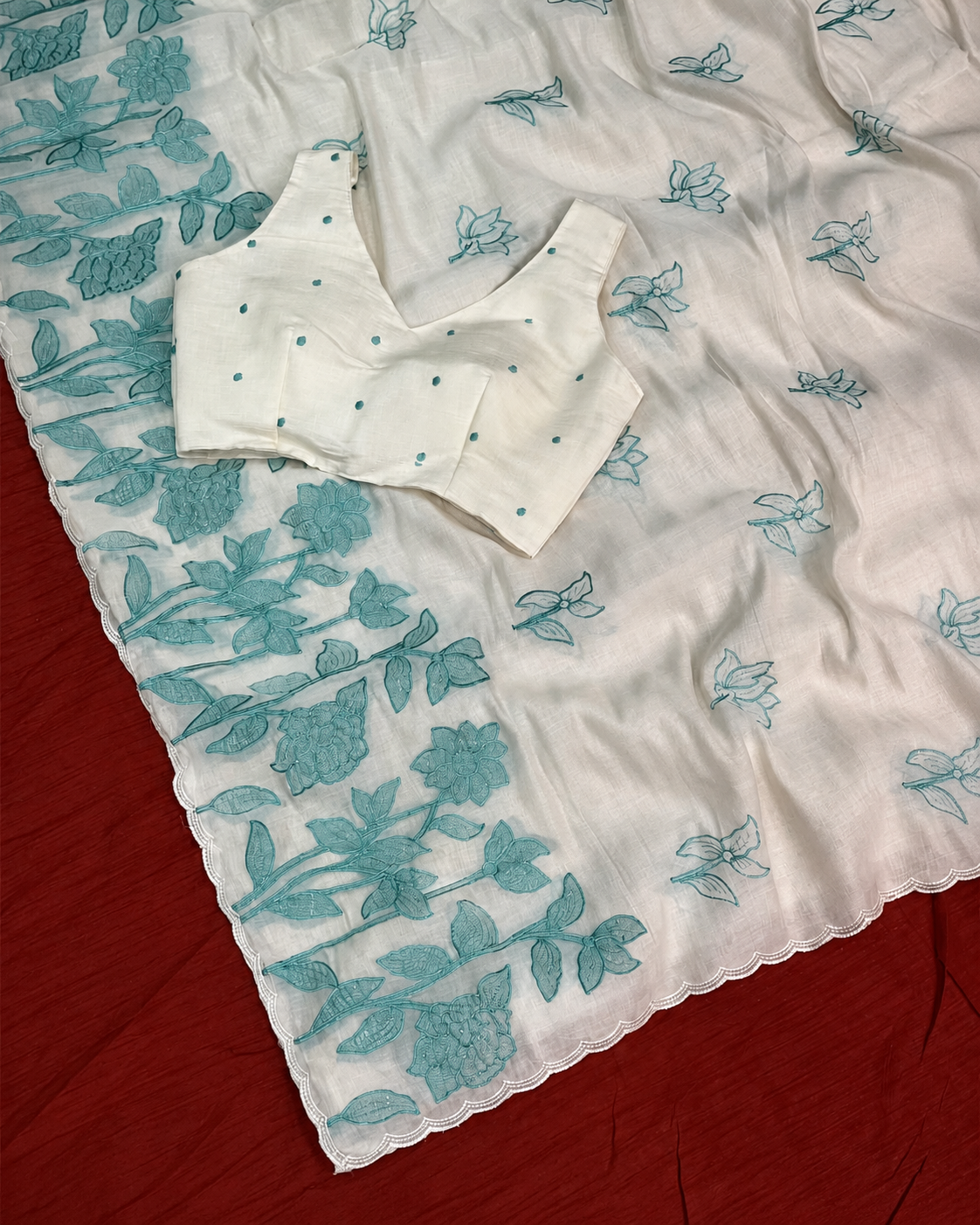 Sky Mist | Ivory Mul Chiffon Saree with Powder Blue Applique Work, Cutwork and Unstitched Blouse