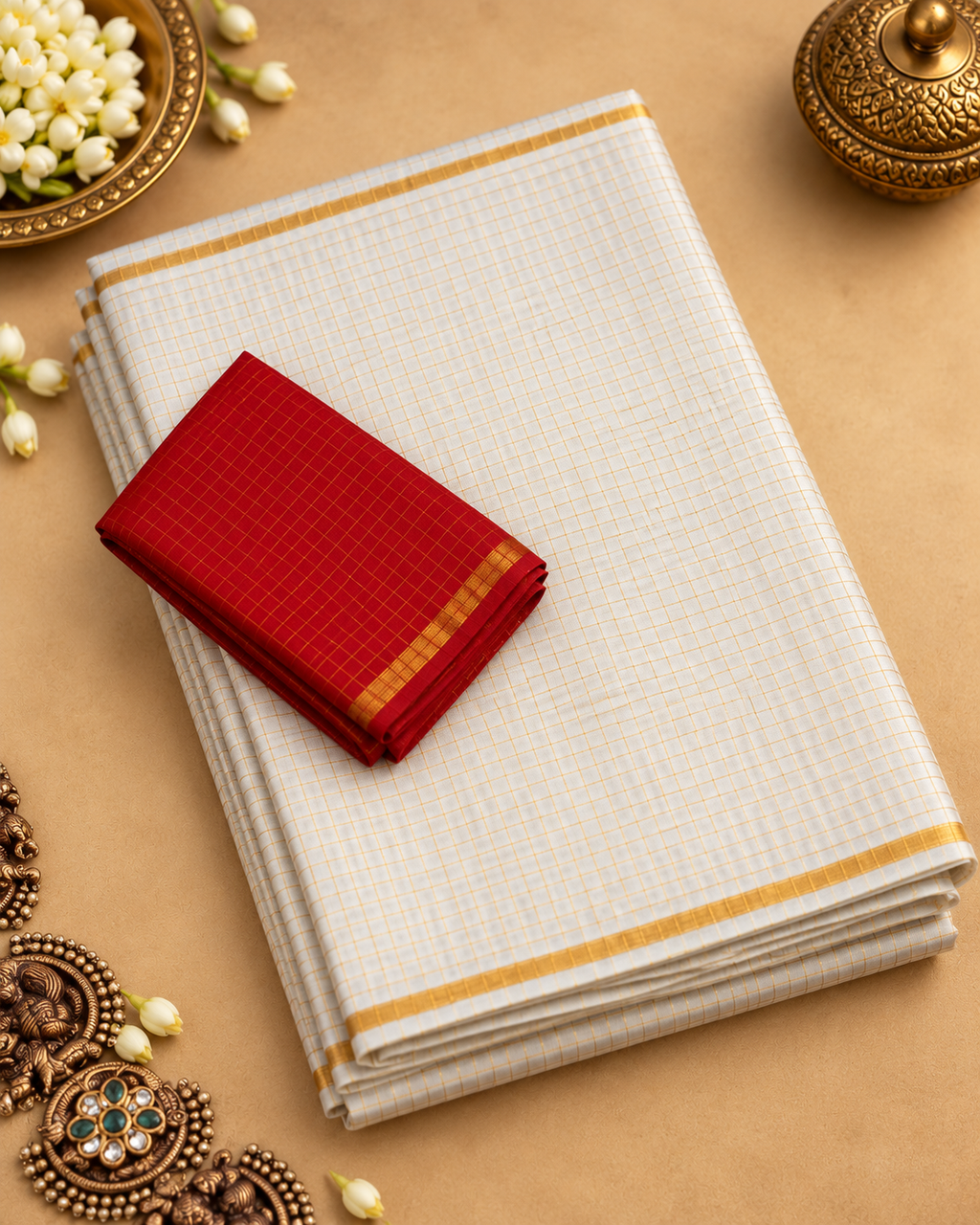 Premium White and Red Contrast Sungudi Pure Cotton Saree