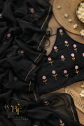 Noir Bloom | Black Georgette Saree with Hand-Embroidered Floral Sequin Butti, Golden Pipe Border and Unstitched Blouse
