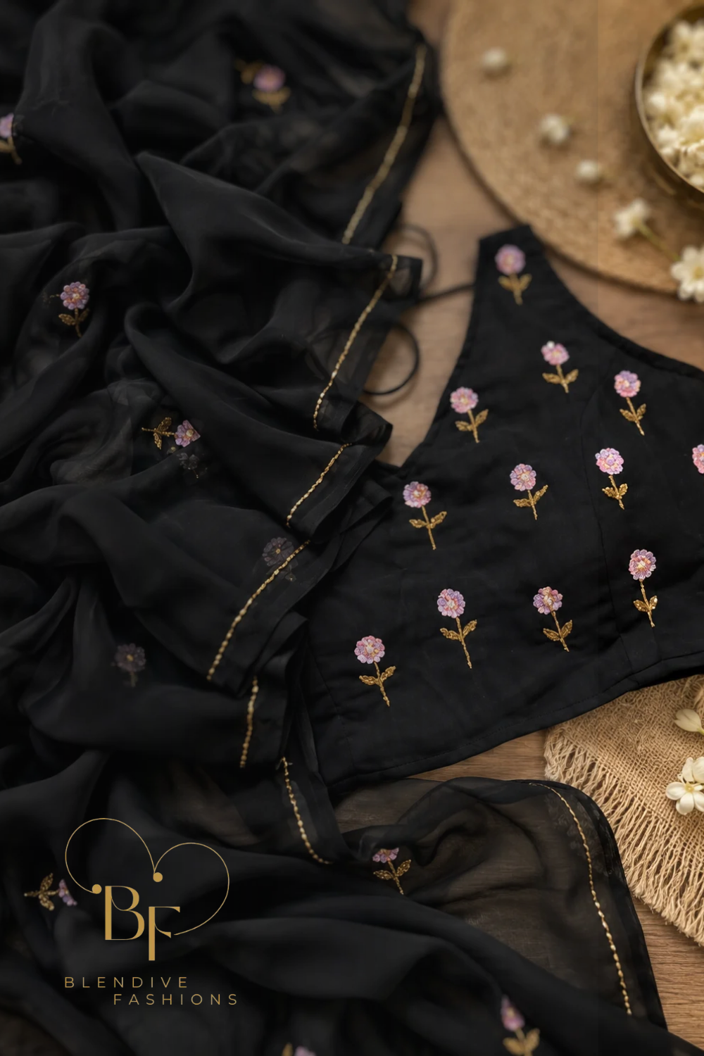 Noir Bloom | Black Georgette Saree with Hand-Embroidered Floral Sequin Butti, Golden Pipe Border and Unstitched Blouse