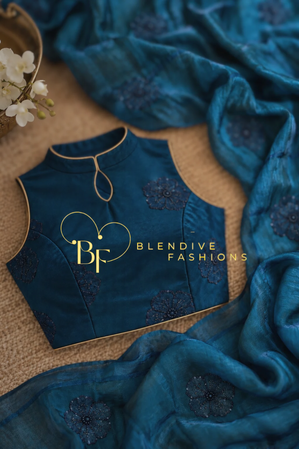Aarohi | Deep Blue Space Satin Saree with Bits & Sequin Work and Running Blouse