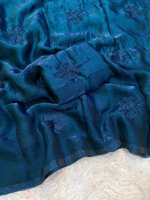 Aarohi | Deep Blue Space Satin Saree with Bits & Sequin Work and Running Blouse