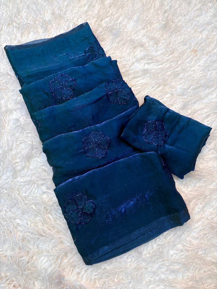 Aarohi | Deep Blue Space Satin Saree with Bits & Sequin Work and Running Blouse