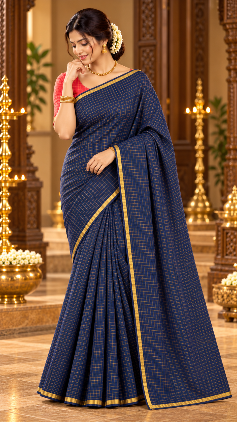 Premium Navy and Orange Pendax Sungudi Pure Cotton Saree